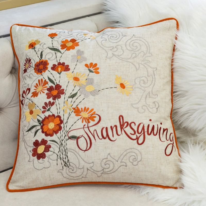 Thanksgiving Embroidered Floral Throw Pillow – Autumn Harvest Accent Cushion Set of 2 by HouseOfZazla