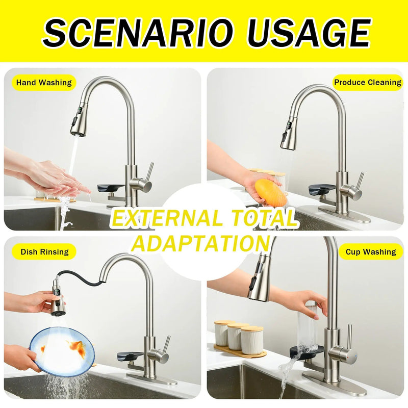 3-in-1 Kitchen Faucet with LED Temperature Display, Press-Type Glass Rinser, Pull-Down Sprayer, 3 Spray Modes, Brushed Nickel Finish, Stainless Steel Construction by HouseOfZazla
