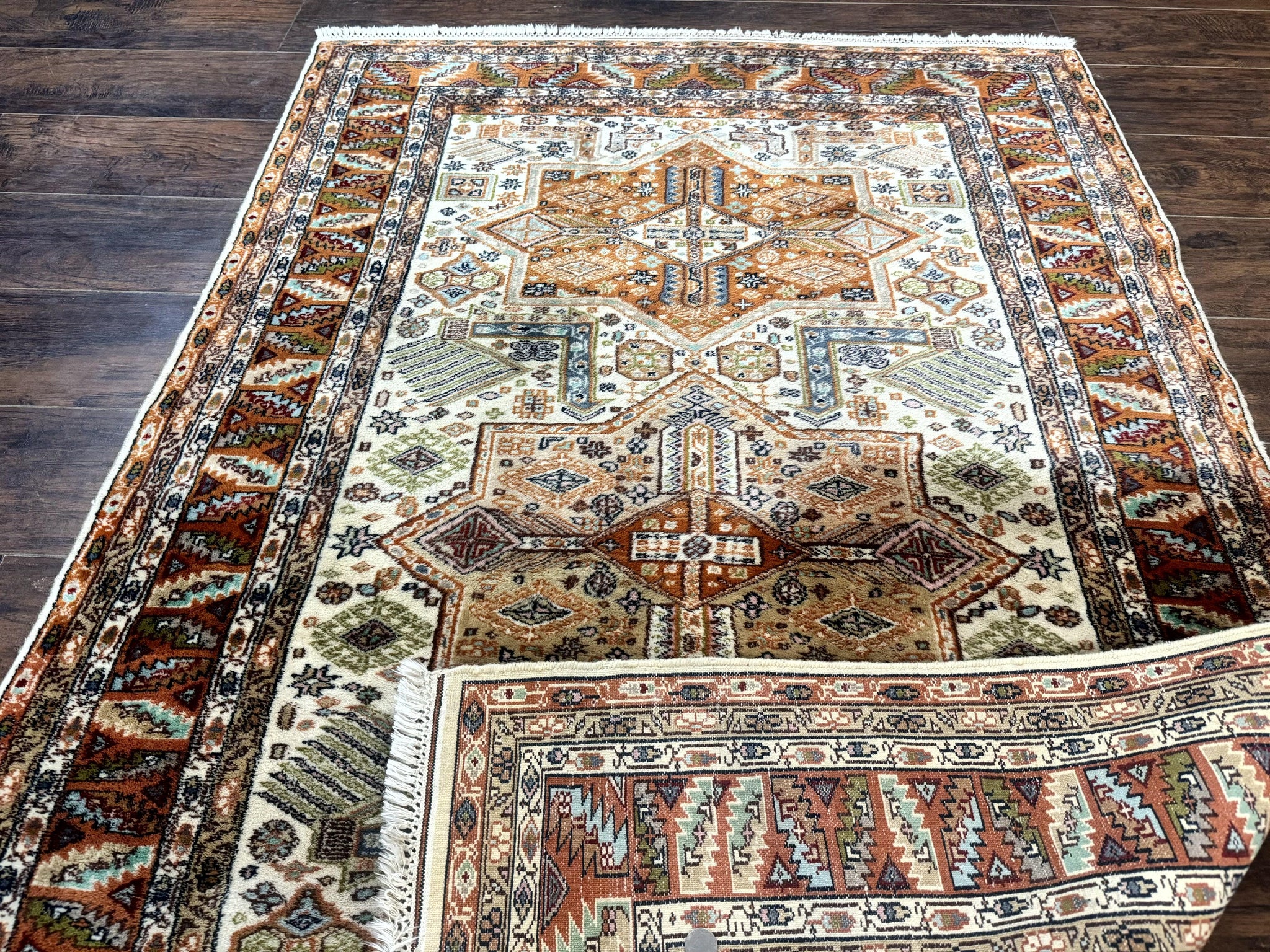 Turkish Kazak Rug 4x6, Geometric Medallions, Vintage Handmade Wool Carpet by Jewel Rugs