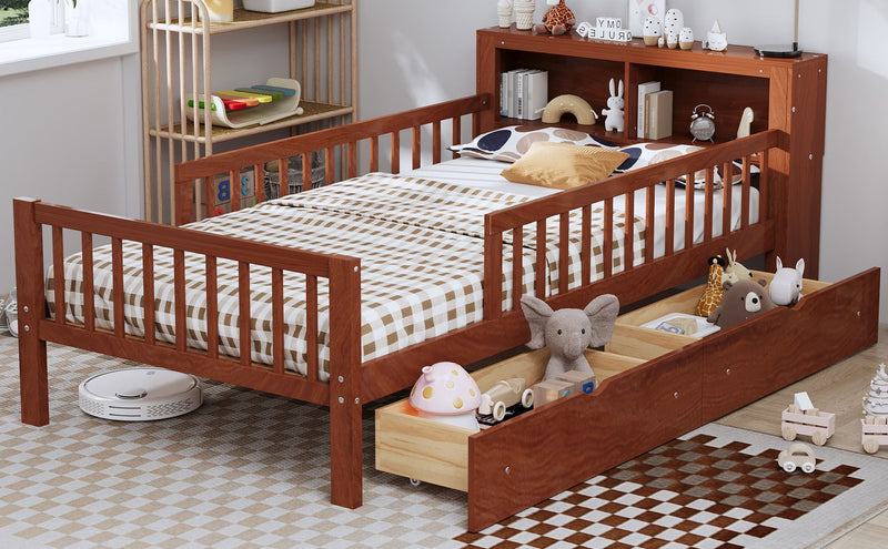 Bed With Headboard Storage Rack, 2 Under Bed Drawers, 3 Side Guardrails For Safety by HouseOfZazla