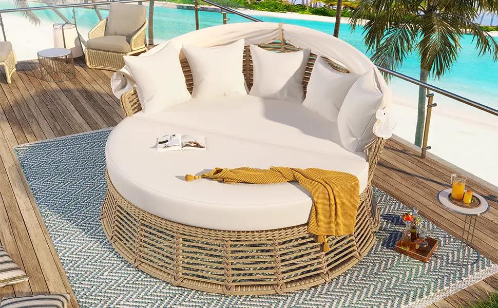 Outdoor Patio Rattan Round Daybed with Retractable Canopy by HouseOfZazla