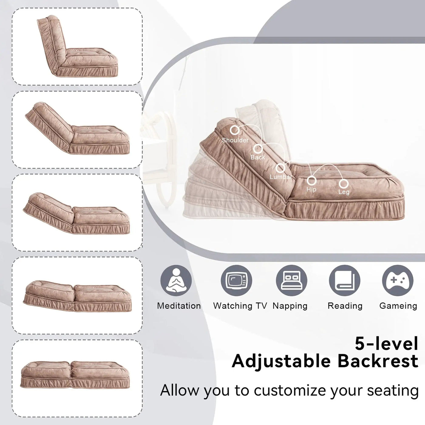Upholstered Human Dog Bed And Pets, Bean Bag Floor Sofa With Massage Pillow, 5 Adjustable Positions & 2 Soft Pillows by Unique Piece Furniture