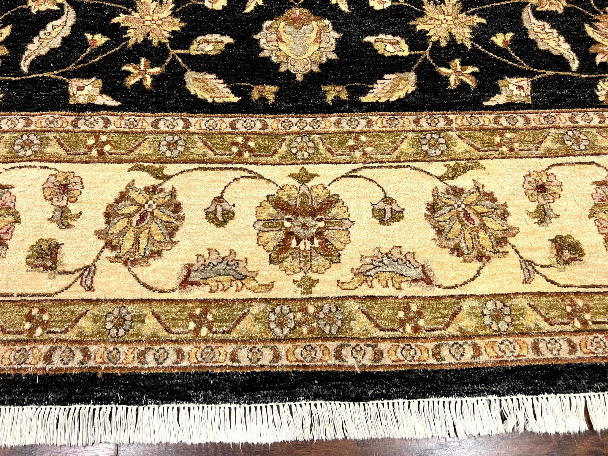Indo Persian Rug 10x14, Charcoal and Beige, Floral Allover, Handmade Vintage Wool Carpet by Jewel Rugs