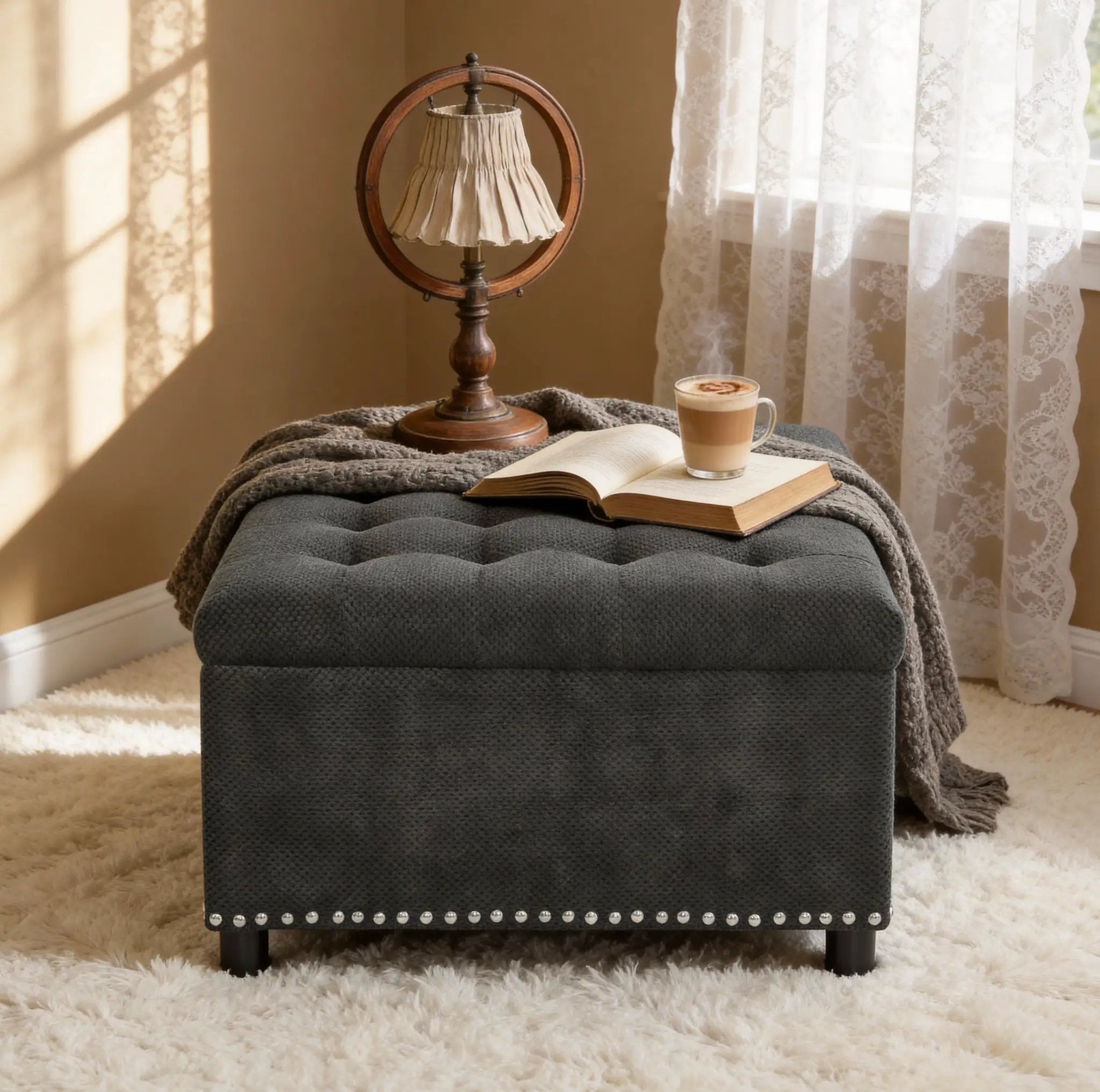 Tufted Storage Ottoman with Nailhead Trim - Dark by HouseOfZazla