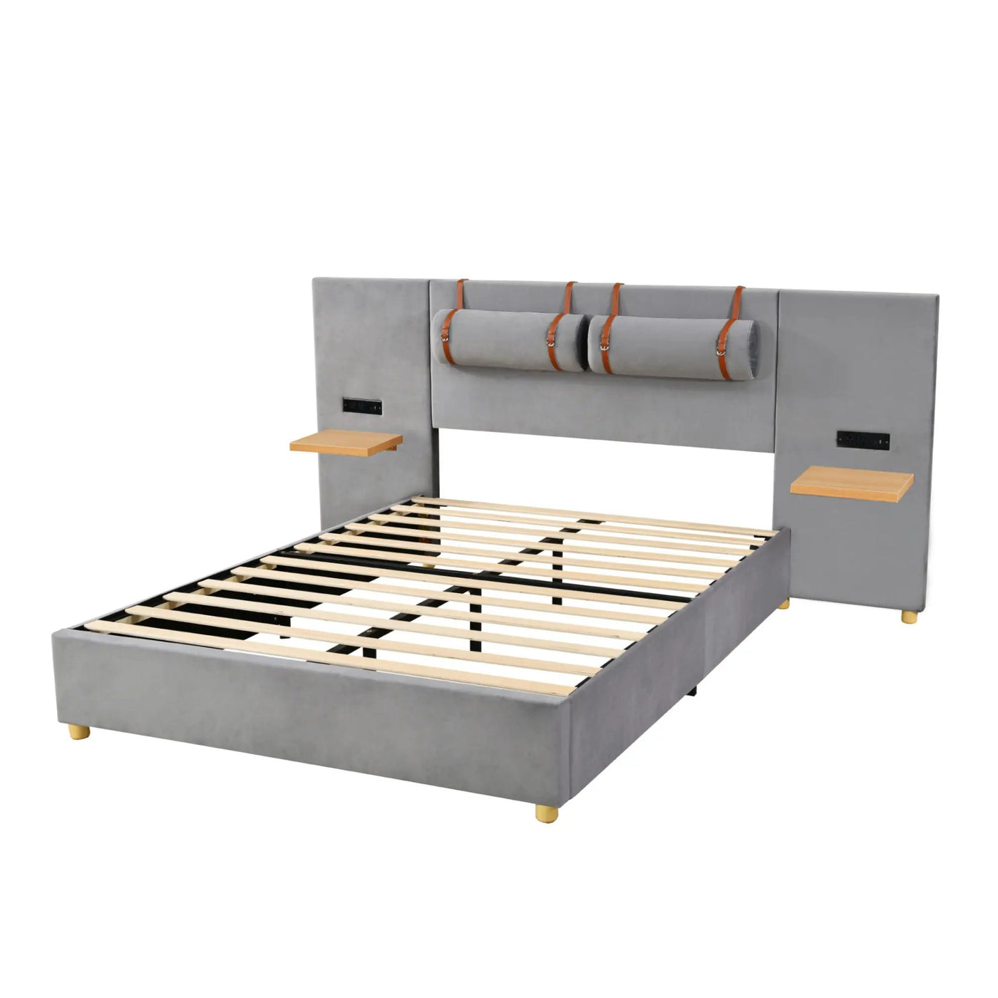 Upholstered Platform Bed, 2 Outlets And USB Charging Ports On Both Sides, 2 Bedside Pillows, Storage Shelves by Unique Piece Furniture
