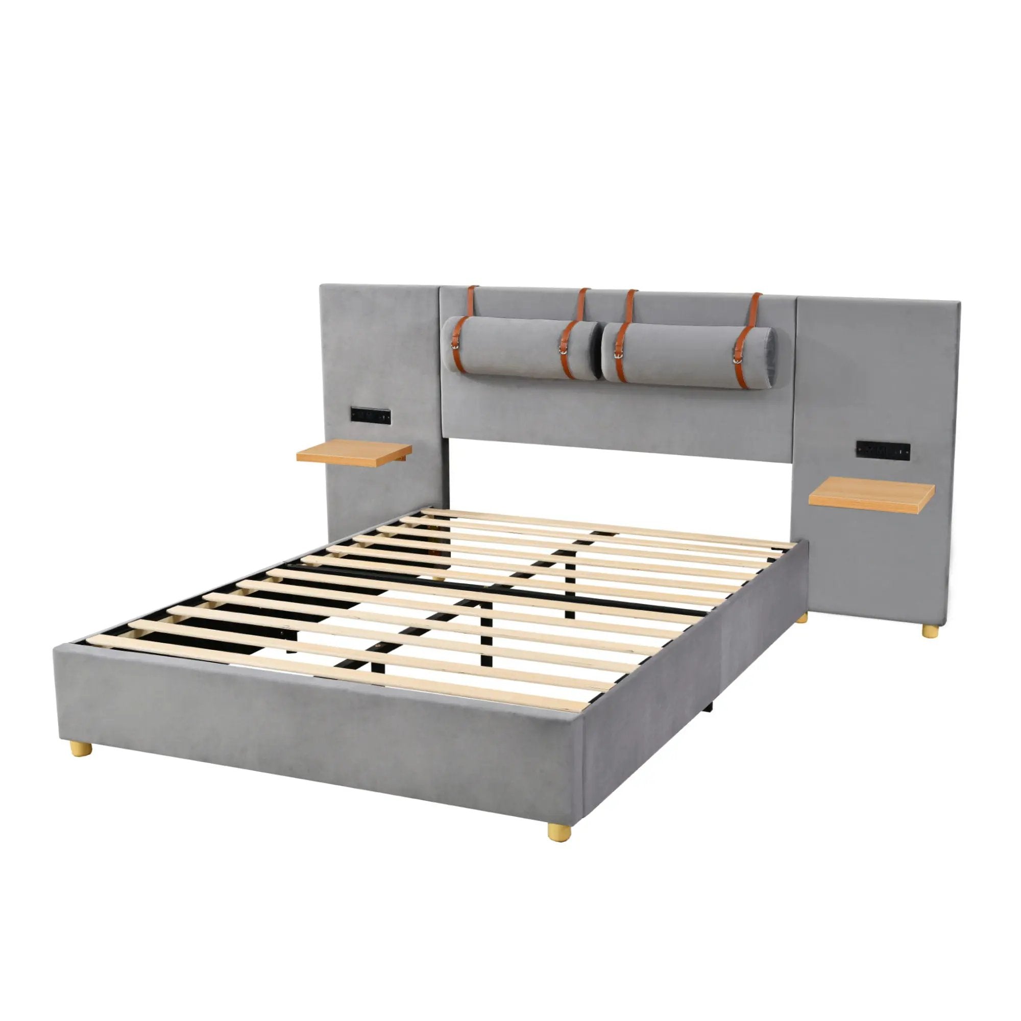 Upholstered Platform Bed, 2 Outlets And USB Charging Ports On Both Sides, 2 Bedside Pillows, Storage Shelves by HouseOfZazla