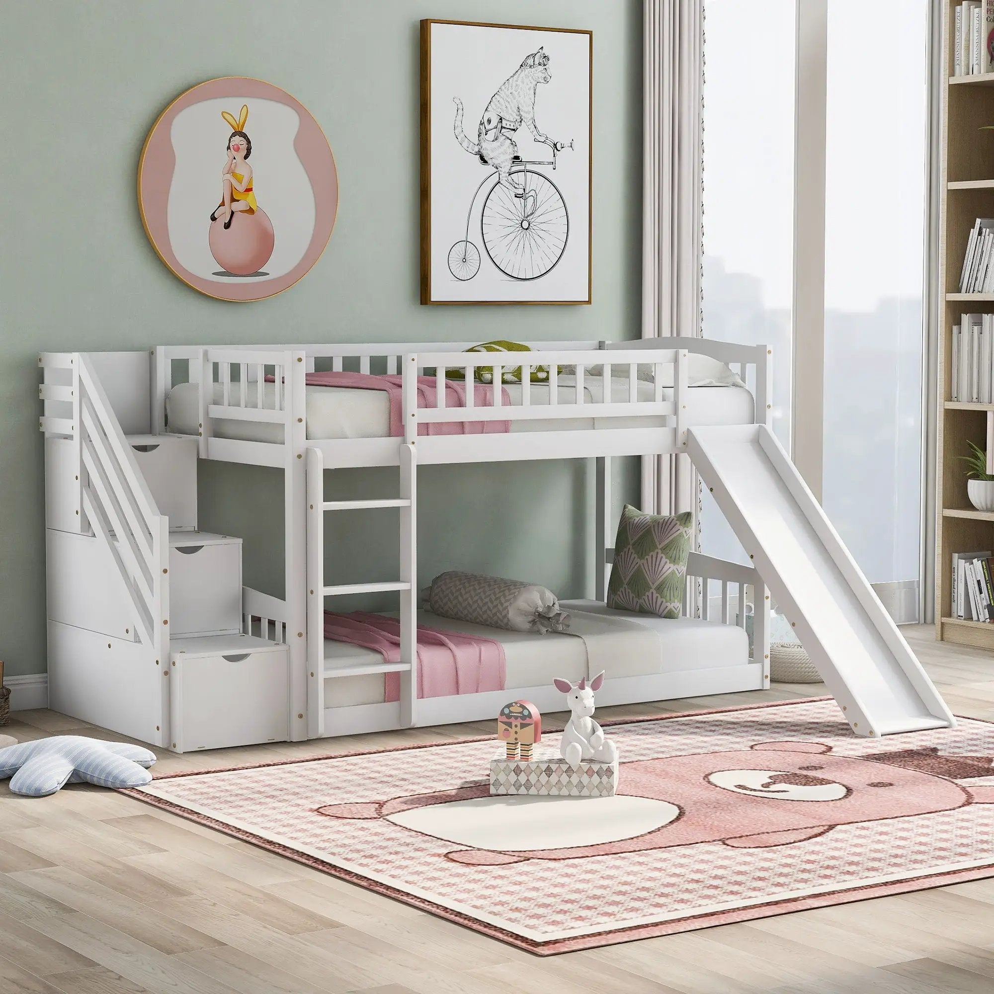 Twin Over Twin Stairway Bunk Bed With Two Drawers And Slide by Unique Piece Furniture