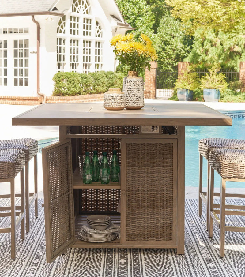 Walton Bridge - 5 Pc. - Square Bar Table W/Fire Pit, 4 Barstools - Driftwood by Unique Piece Furniture
