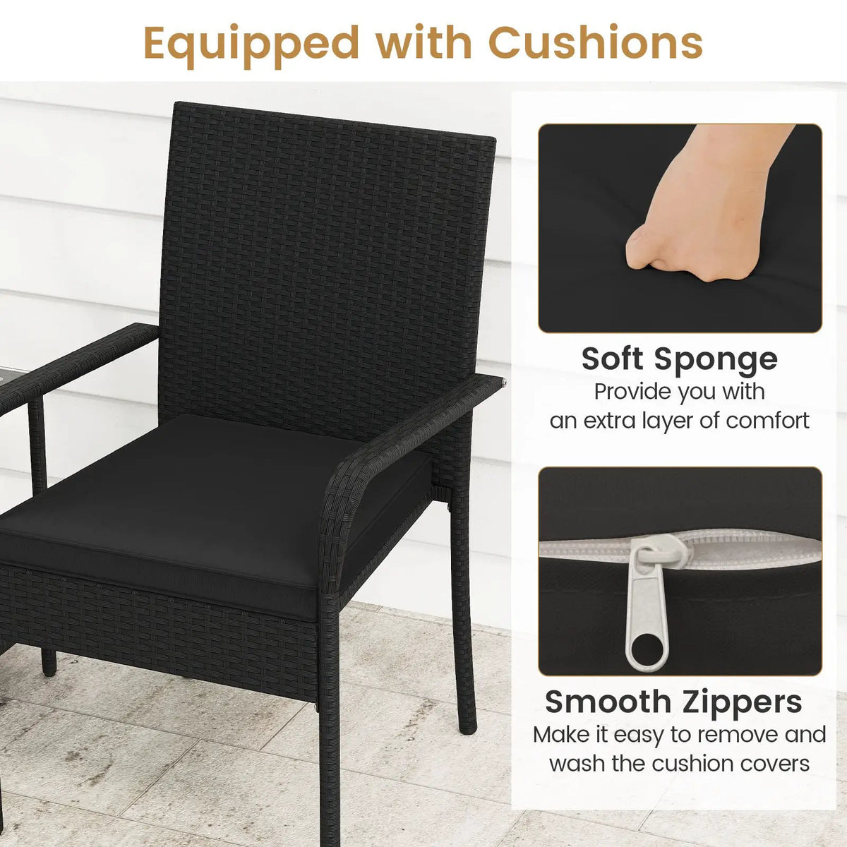 3 Piece Patio Furniture Set with Seat Cushions and Tempered Glass Tabletop, photo 22 of 24