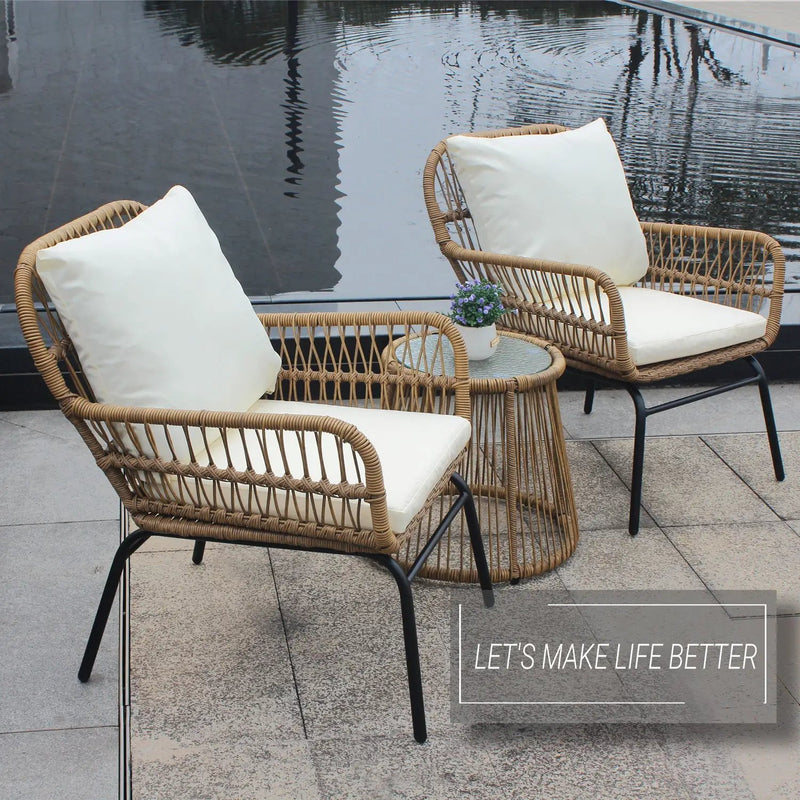 6PCS Outdoor Patio Balcony Natural Color Wicker Sofa Chair Set with Beige Cushion,Round Tempered Glass Table by HouseOfZazla