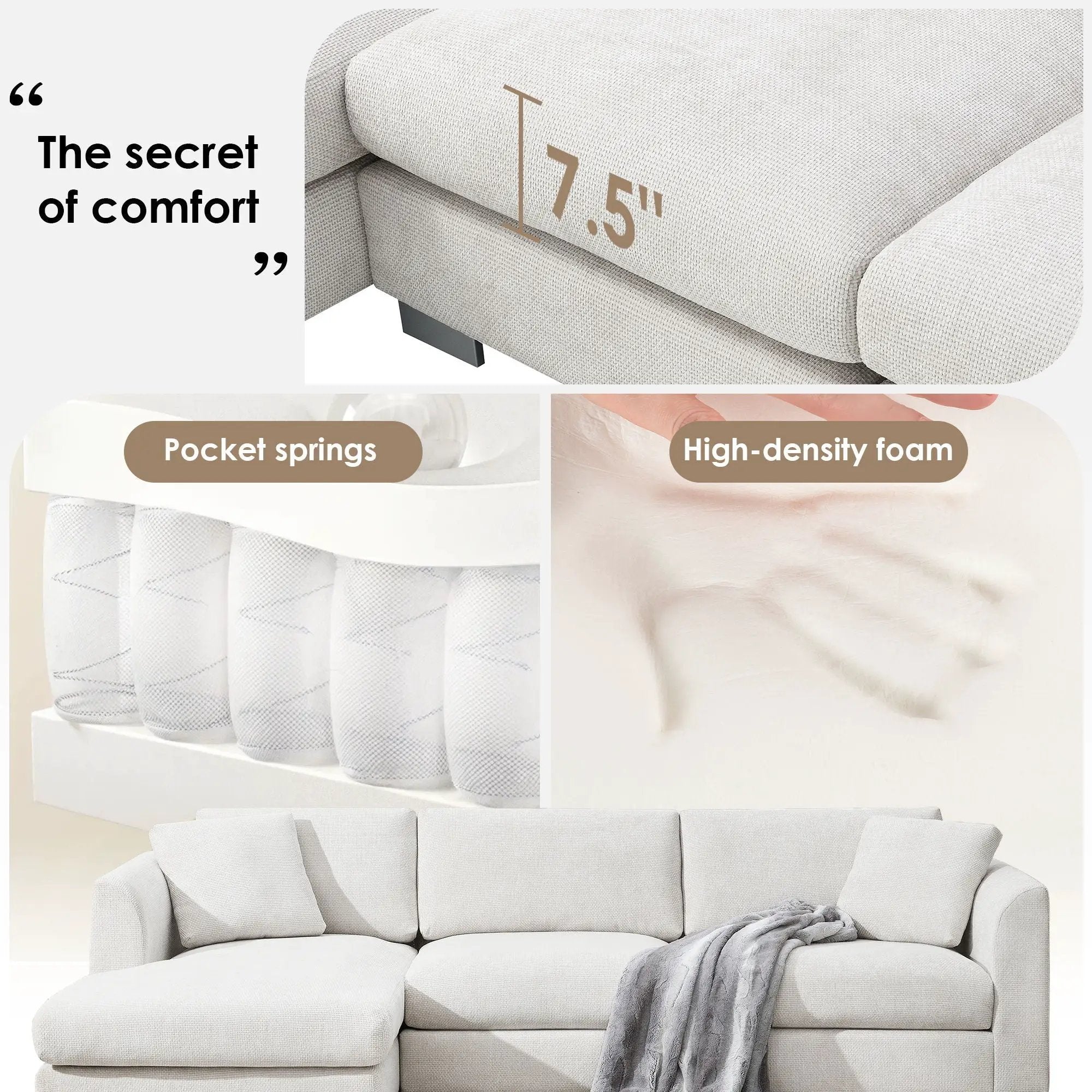 Modern Cloud Sectional Sofa L Shaped Luxury Couch Set With 2 Free Pillows 4 Seat With Oversized Chaise by HouseOfZazla
