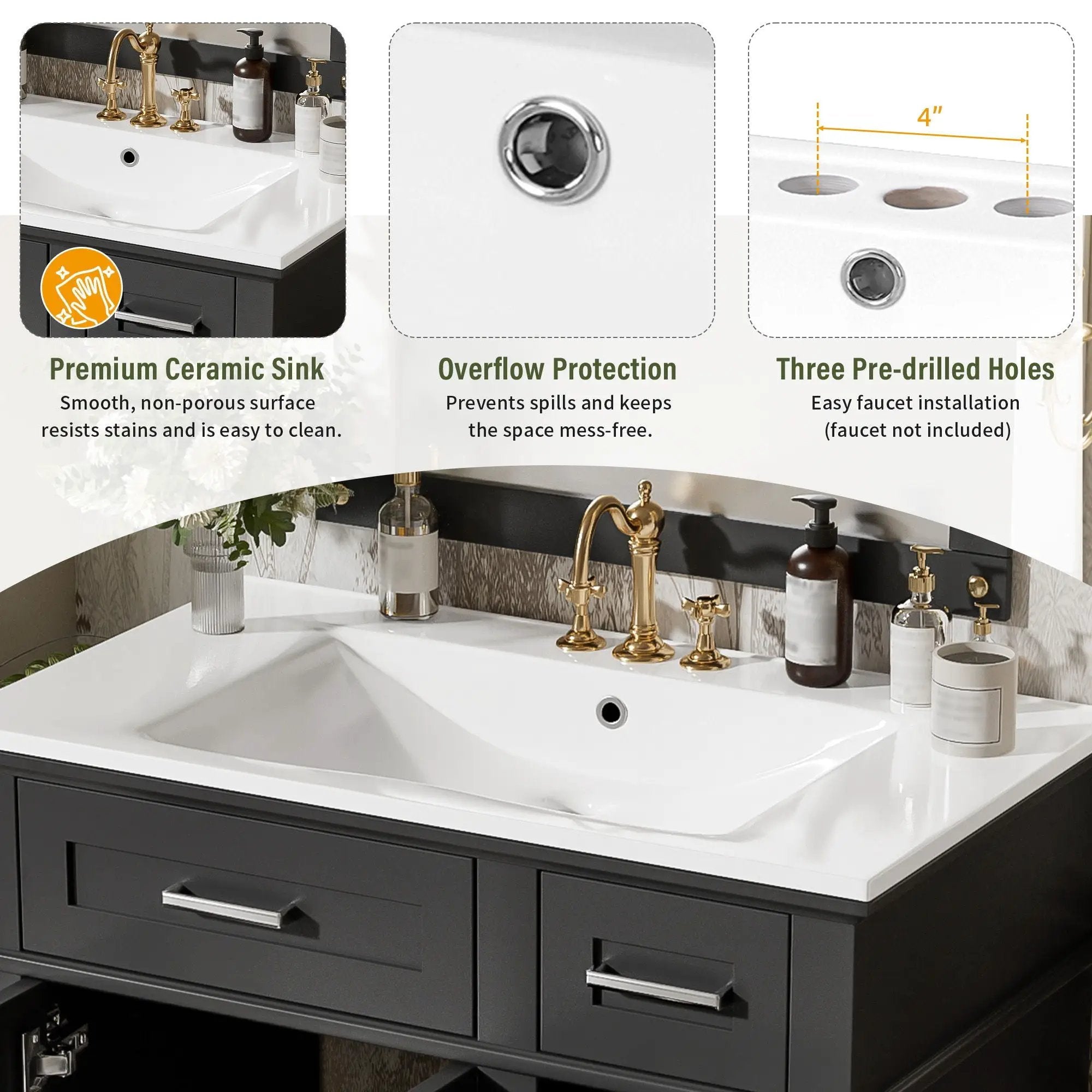 Modern Bathroom Vanity With Sink, Storage Cabinet, Soft Close Doors, Deep & Standard Drawers