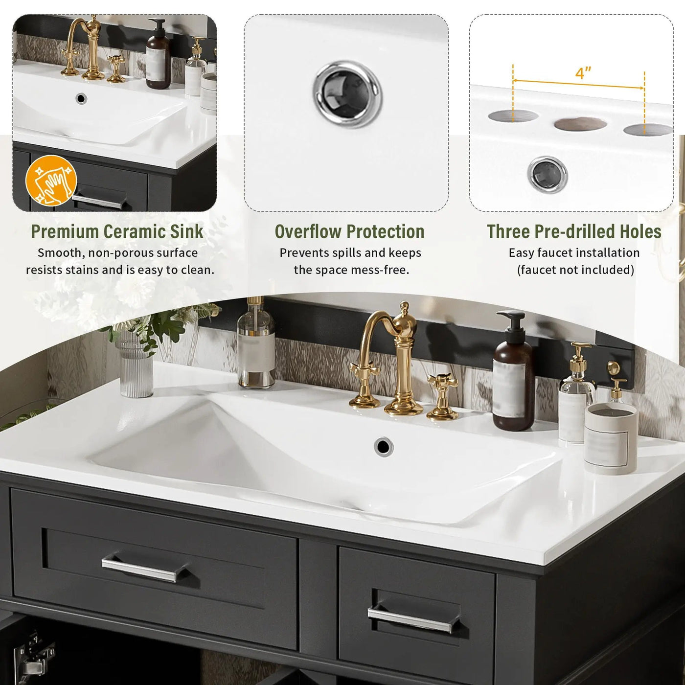 Modern Bathroom Vanity With Sink, Storage Cabinet, Soft Close Doors, Deep & Standard Drawers by Unique Piece Furniture