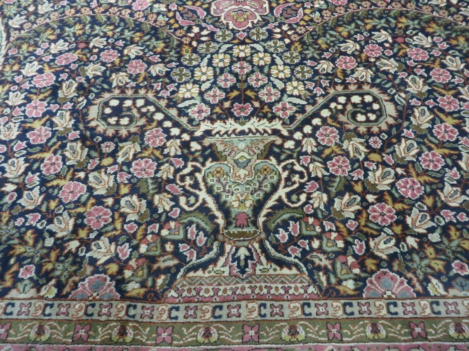 Turkish Sivas Rug 7x11, Navy Blue & Pink, Millifluer Floral Wool Carpet, Vintage by Jewel Rugs