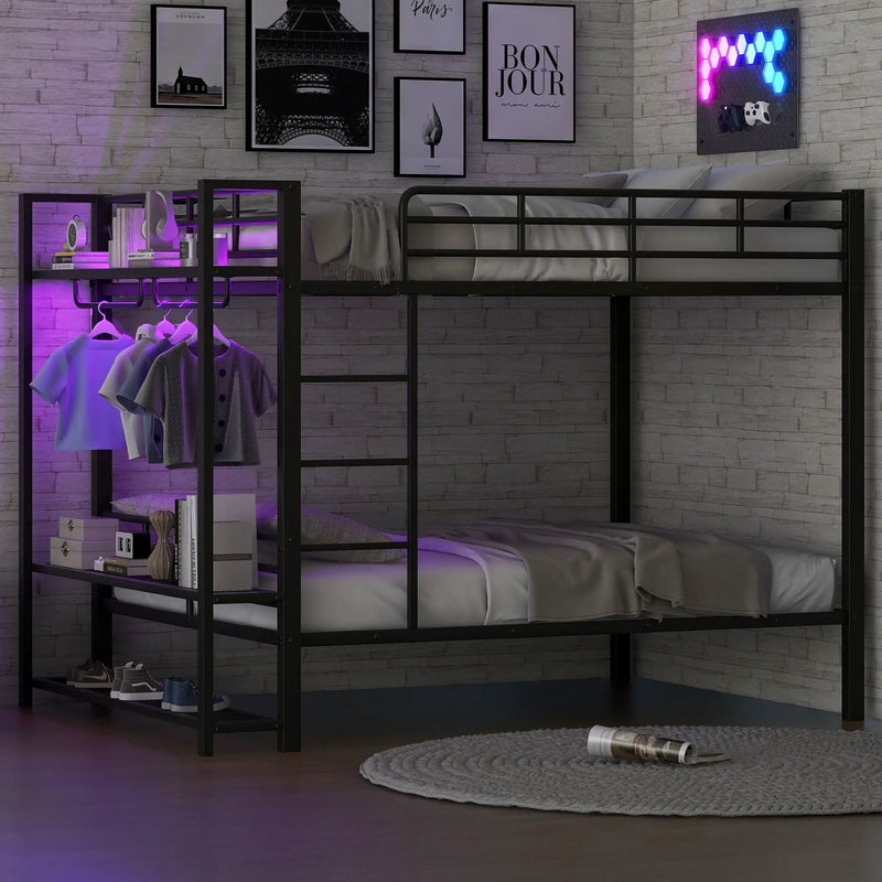 Bunk Bed With Storage Shelves, Clothes Hooks, LED Light by Unique Piece Furniture