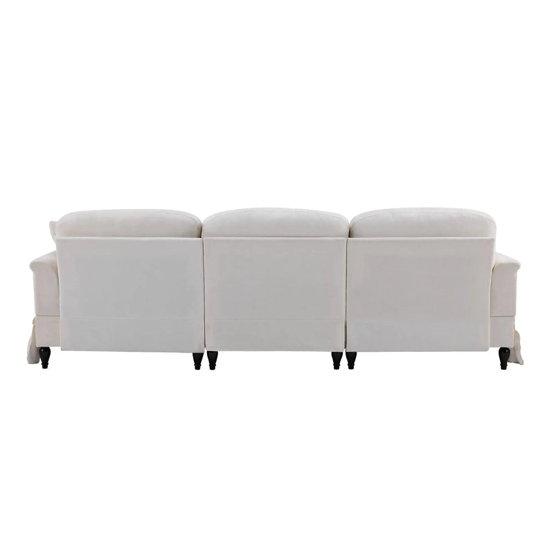 L-Shaped Sectional Sofa With Removable Ruffled Skirt, Flared Arms, Ottoman - White
