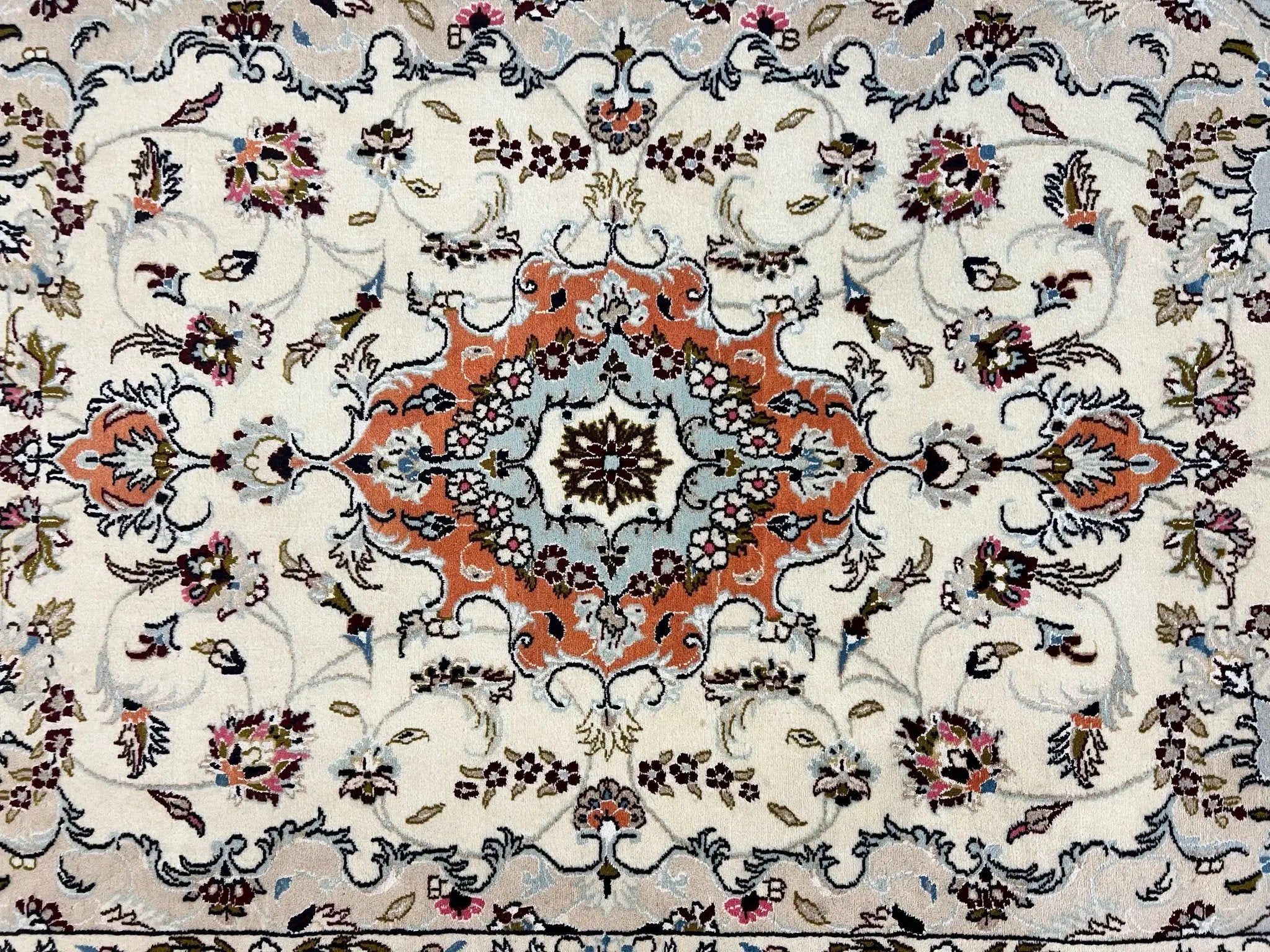 Persian Tabriz Rug 4.5 x 6.8, Finely Hand Knotted Wool with Silk Highlights Vintage Oriental Carpet, Cream and Salmon, High KPSI, Floral Medallion by Jewel Rugs