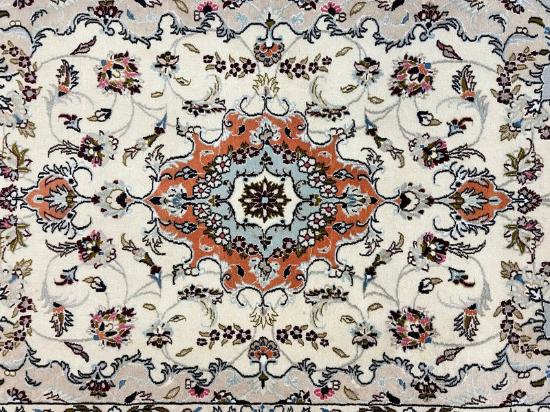 Persian Tabriz Rug 4.5 x 6.8, Finely Hand Knotted Wool with Silk Highlights Vintage Oriental Carpet, Cream and Salmon, High KPSI, Floral Medallion by Jewel Rugs