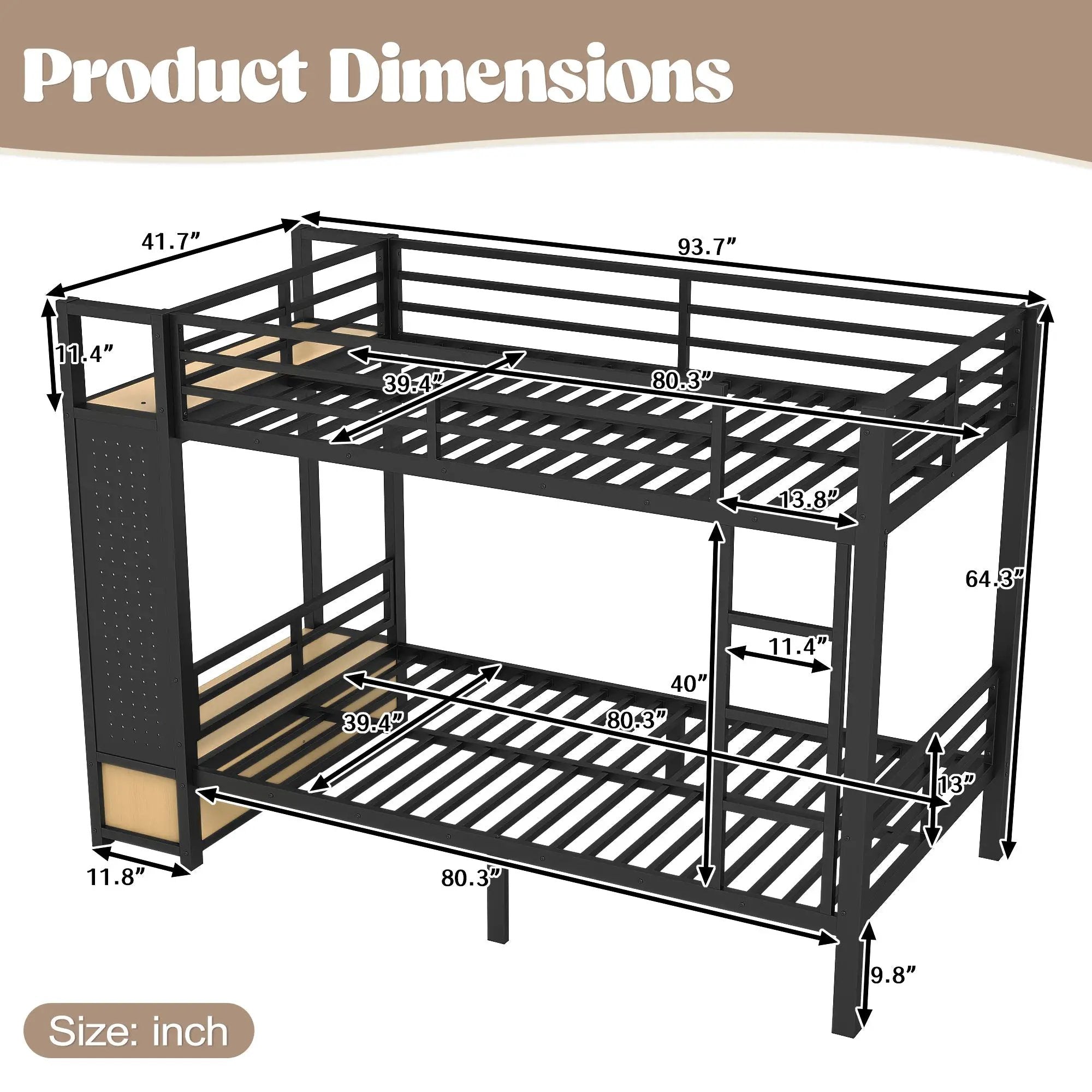 Twin XL Over Twin XL Metal Bunk Bed with Storage Shelves by HouseOfZazla