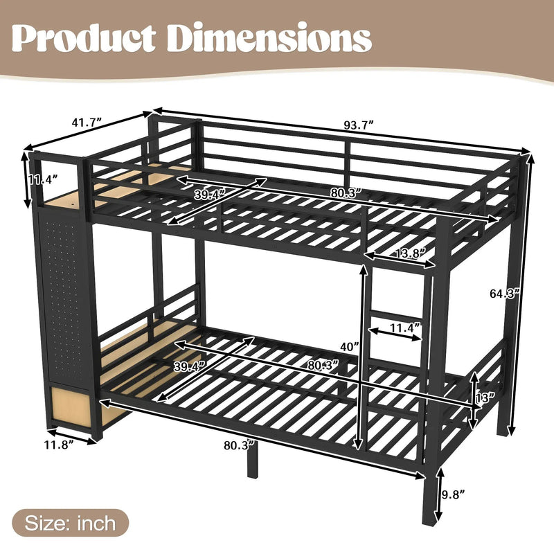 Twin XL Over Twin XL Metal Bunk Bed with Storage Shelves by HouseOfZazla