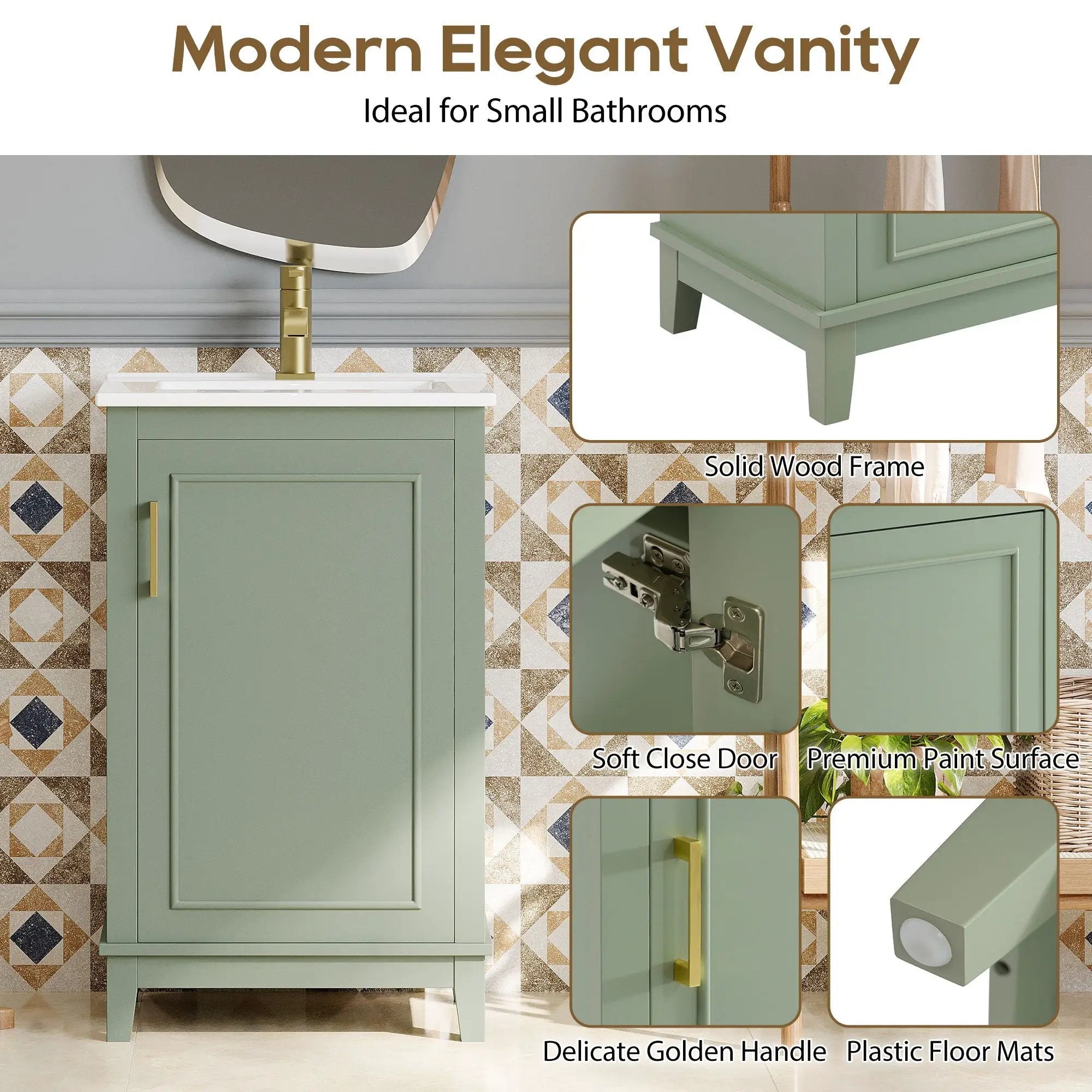 Modern Small Bathroom Vanity Cabinet With Ceramic Basin, Ample Storage, 1 Soft Close Door by HouseOfZazla