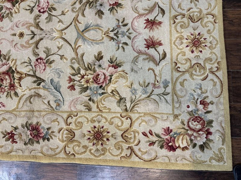 Aubusson Rug 8x10, French European Design, Vintage Handmade Wool Carpet, Aubusson Rug with Pile, Floral by Jewel Rugs