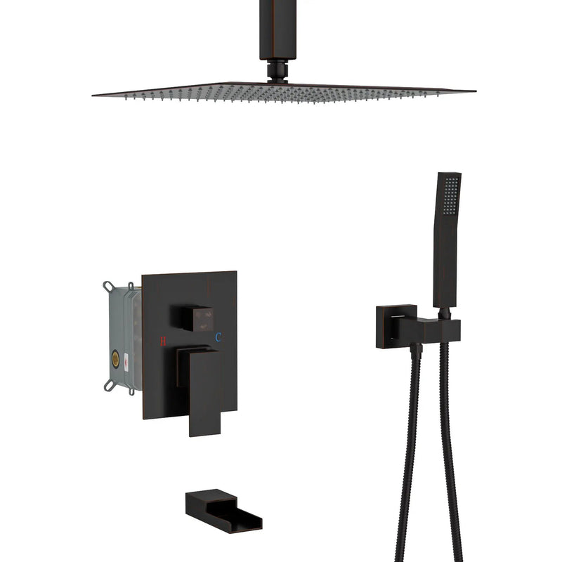 Shower System With Waterfall Tub Spout And 16" Ceiling Mount Square Rain Shower - Oil-Rubbed Bronze by HouseOfZazla