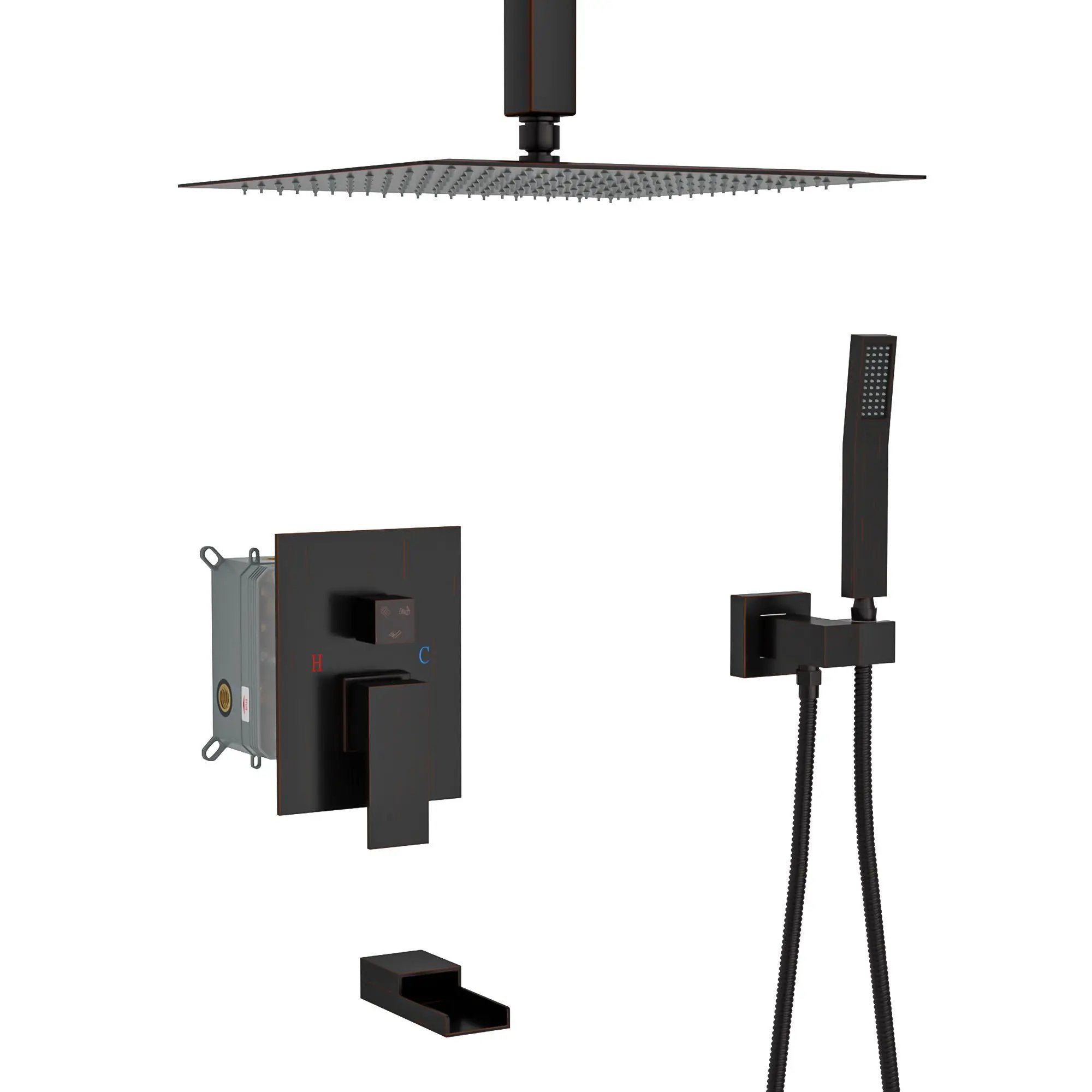 Modern Shower System With Waterfall Tub Spout, 12" Ceiling Mount Square Shower by HouseOfZazla