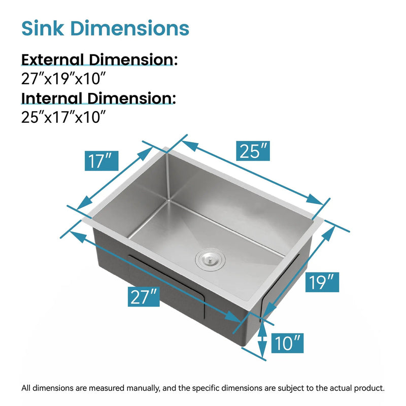 Stainless Steel Kitchen Sink, 27″x19″ Single Bowl, Undermount Handmade Sink in Brushed Nickel by HouseOfZazla