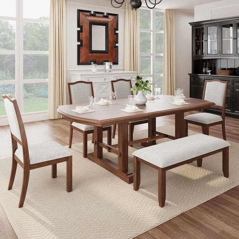 6 Piece Extendable Dining Table Set, Wood Table With Removable Leaf, 4 Upholstered Chairs And Bench - Cherry by Unique Piece Furniture