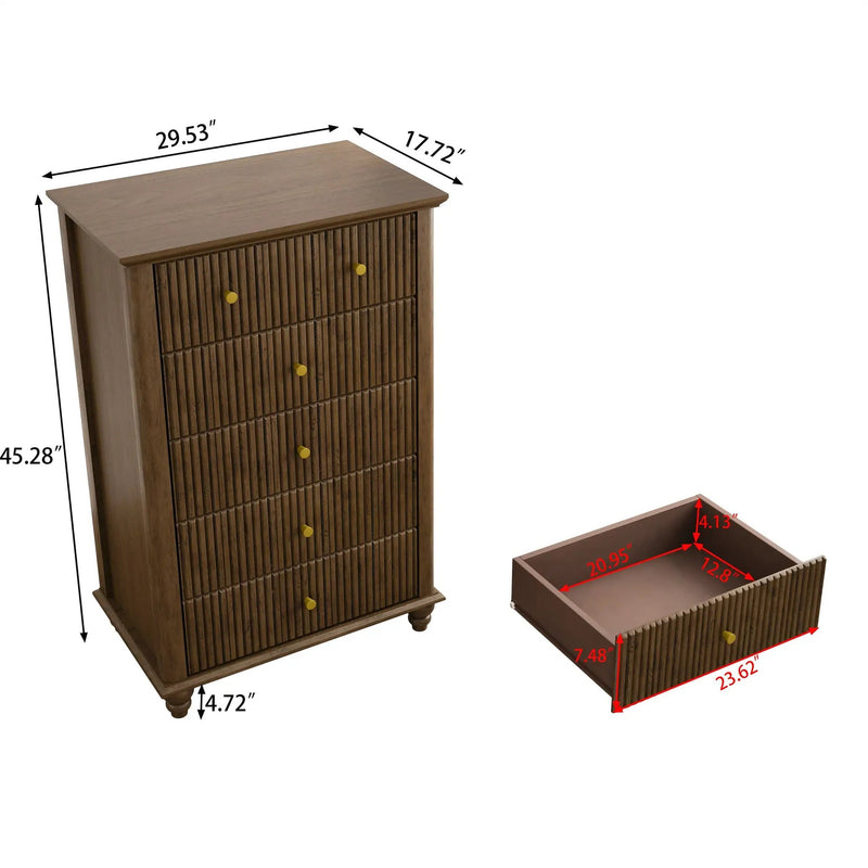 Fluted 5 Drawer Dresser, 45 Inch Tall Modern Chest of Drawers by HouseOfZazla