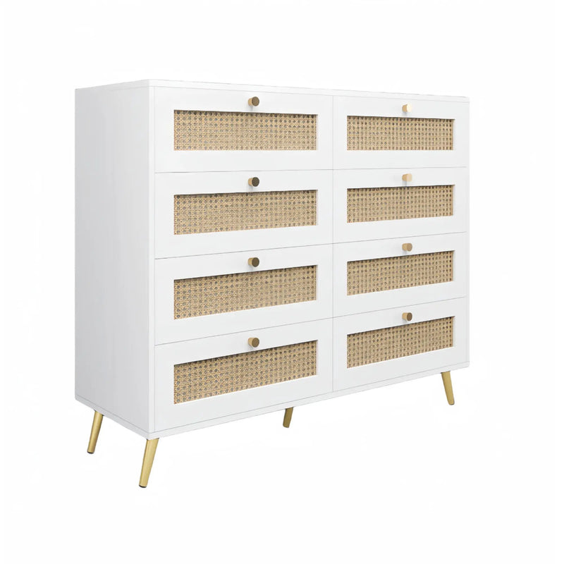 8 Drawers Chest Of Drawers With Rattan Drawer Face Golden Legs And Handles - White by Unique Piece Furniture