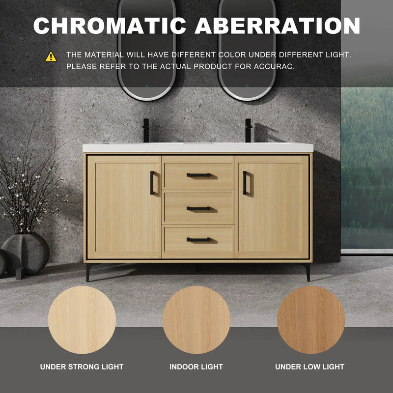 Original 60" Freestanding Bathroom Vanity With Double Resin Sink Plywood Soft Closing Doors & Drawers - Oak by Unique Piece Furniture