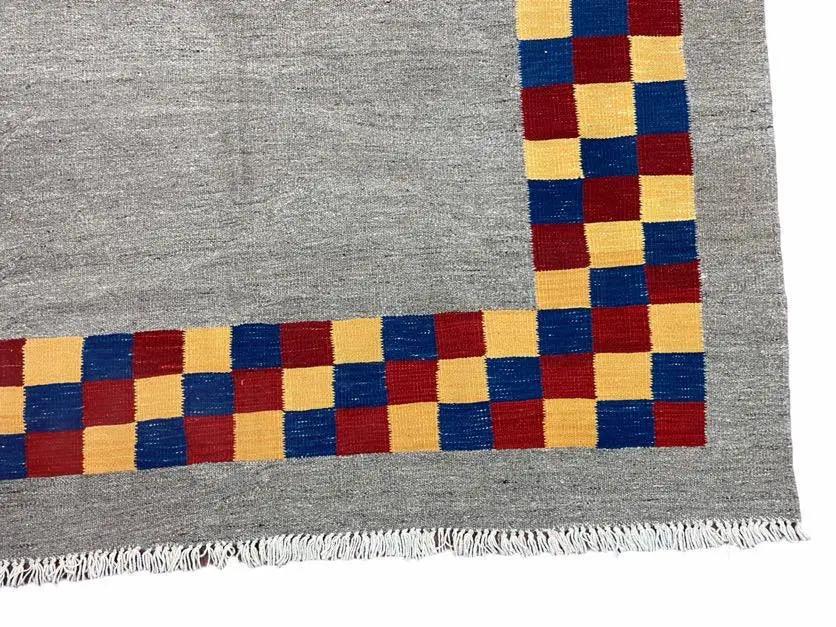 Gray Kilim Carpet, Yellow, Red, Blue Checkerboard Pattern, Flatweave, New, Geometric, Hand-Knotted, Wool, Turkish Area Rug, 5' 9" x 7' 9" by Jewel Rugs
