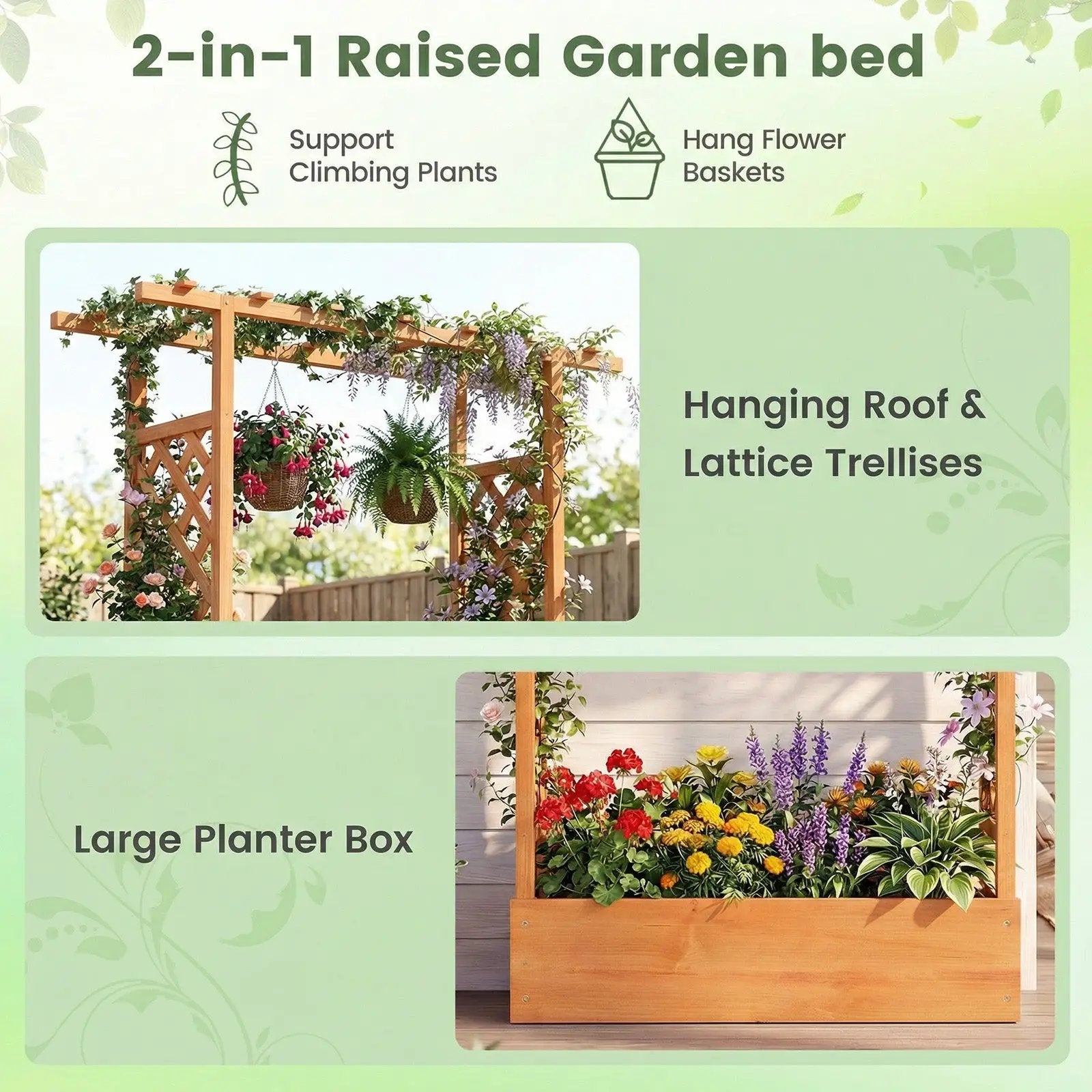 89 Inch Tall Wooden Raised Garden Bed with Side Trellis and Hanging Roof Drainage Holes by DirectDeals
