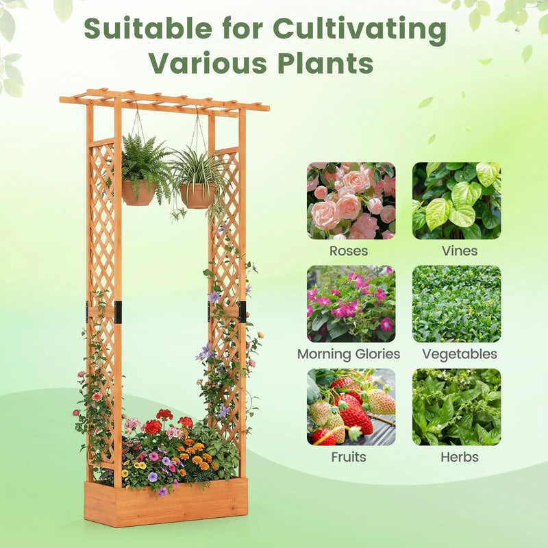 89 Inch Tall Wooden Raised Garden Bed with Side Trellis and Hanging Roof Drainage Holes by DirectDeals