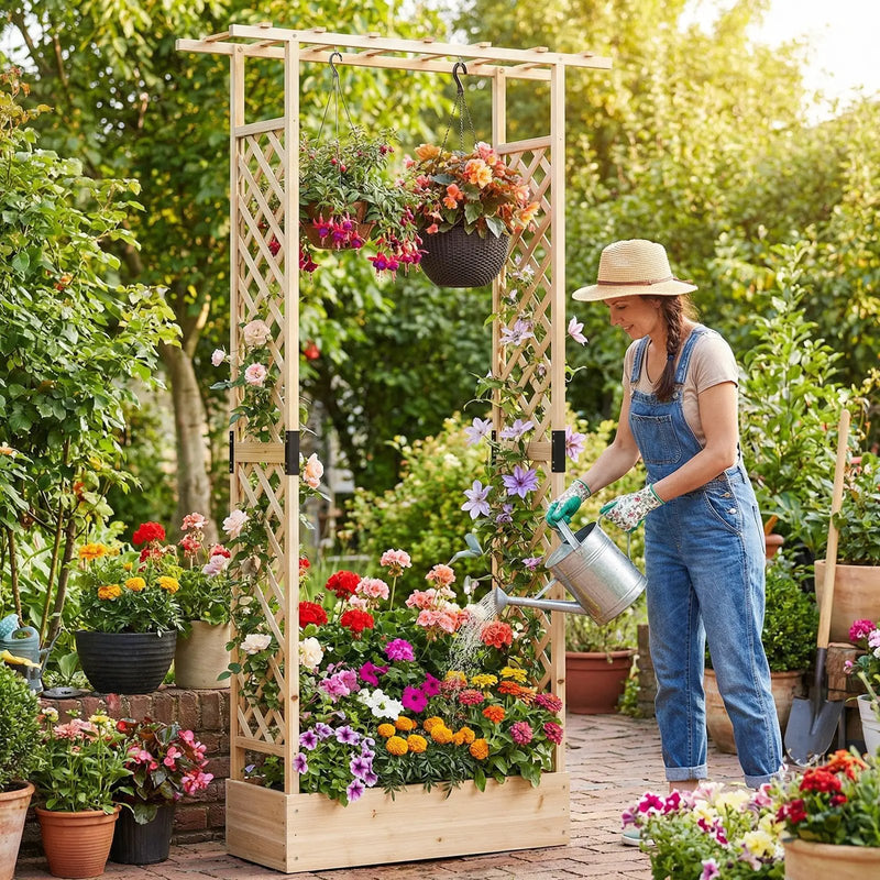 89 Inch Tall Wooden Raised Garden Bed with Side Trellis and Hanging Roof Drainage Holes by DirectDeals