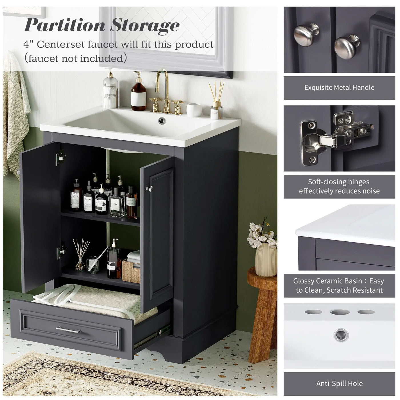 Bathroom Vanity With Ceramic Sink Combo, Modern Freestanding Storage Cabinet With Silver Handles by HouseOfZazla
