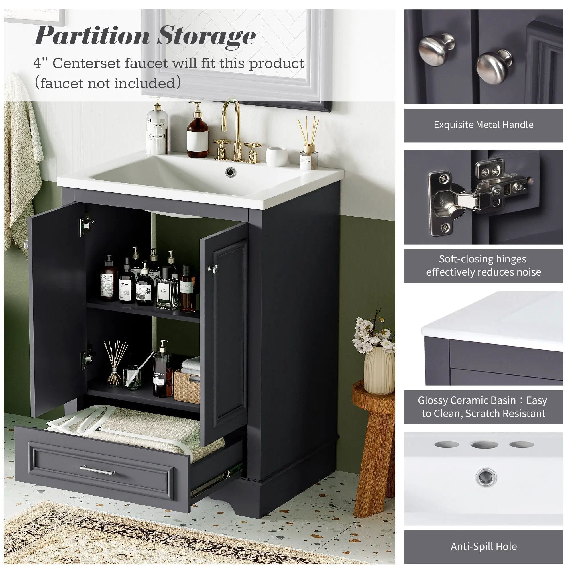 Bathroom Vanity With Ceramic Sink Combo, Modern Freestanding Storage Cabinet With Silver Handles by Unique Piece Furniture