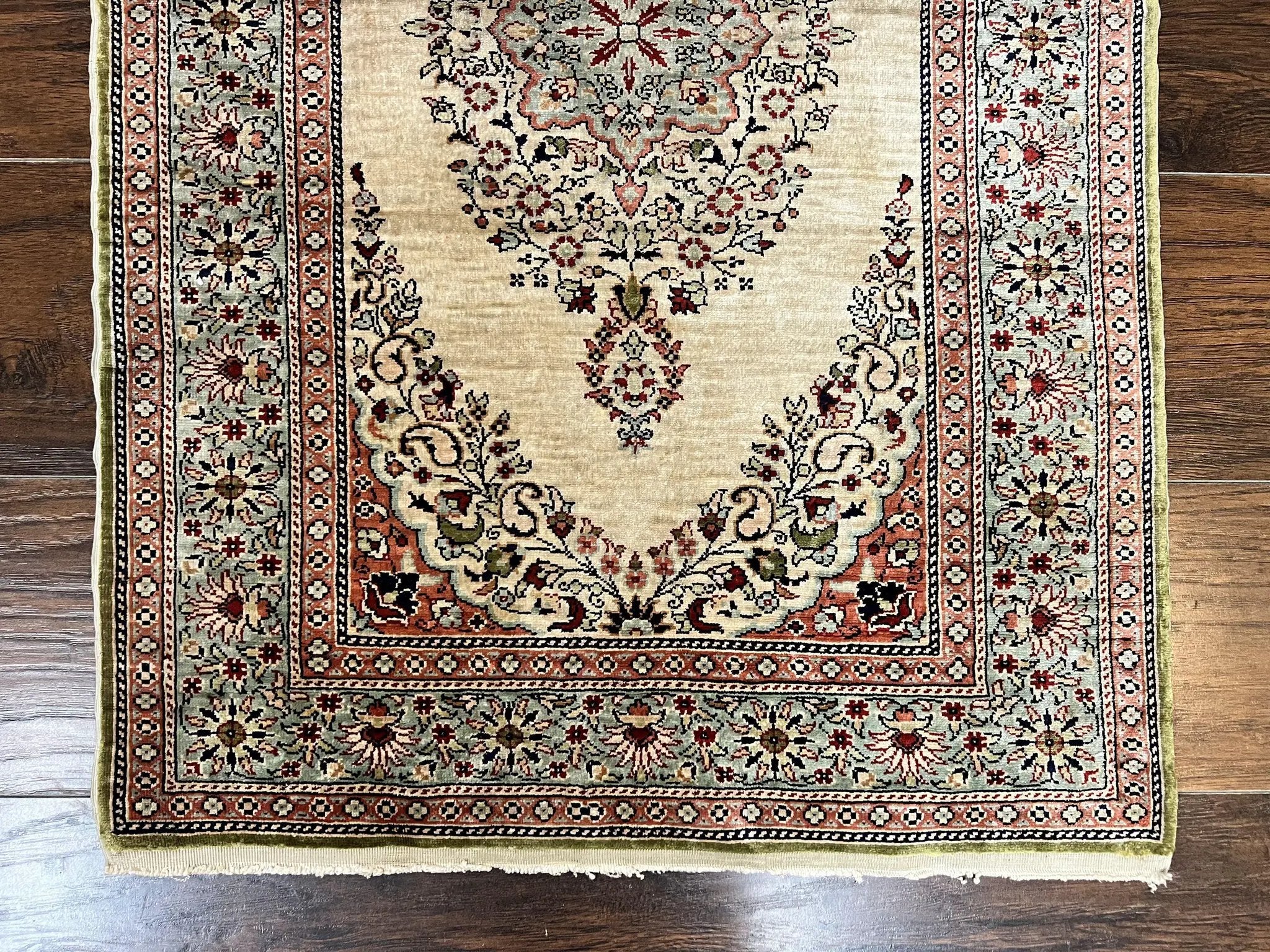 Silk Turkish Kayseri Rug 2x3, Very Finely Hand Knotted, Semi Open Field, Vintage, Silk Pile on Silk Foundation, 300 KPSI by Jewel Rugs