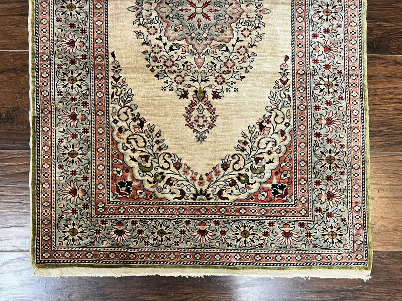 Silk Turkish Kayseri Rug 2x3, Very Finely Hand Knotted, Semi Open Field, Vintage, Silk Pile on Silk Foundation, 300 KPSI by Jewel Rugs