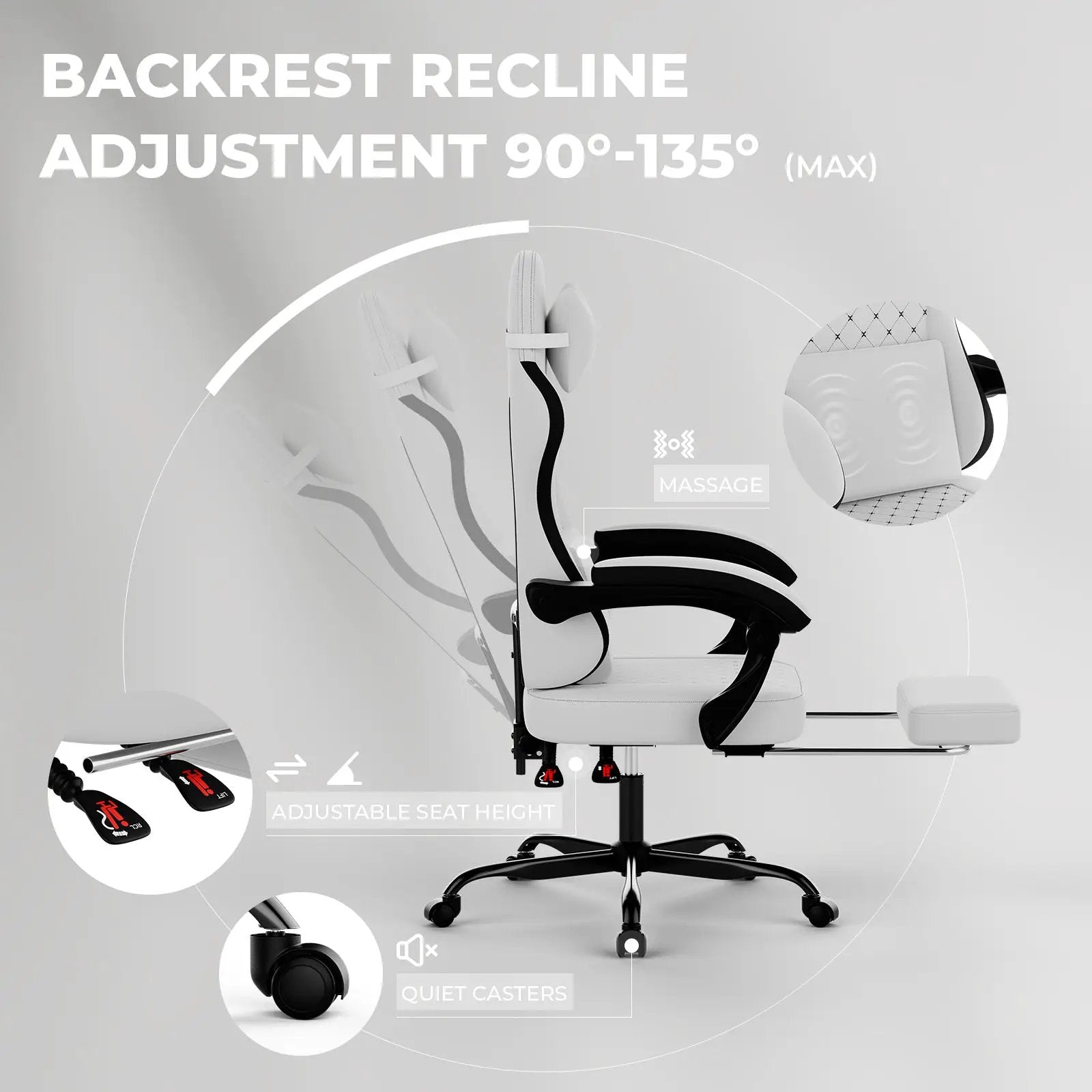 Gaming Chair with Massage, Ergonomic Design, White/Black by HouseOfZazla