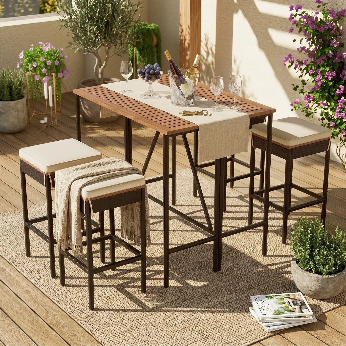 Outdoor Acacia Wood Bar Height Table And Eight Stools With Cushions by Unique Piece Furniture