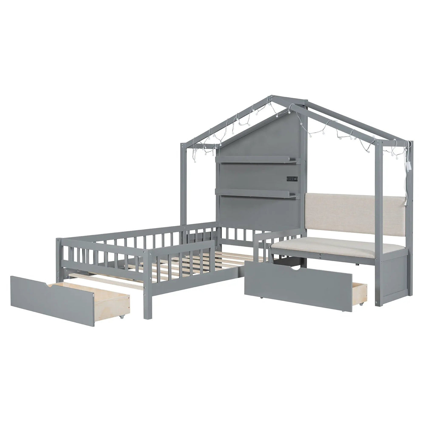 House Bed With Upholstered Sofa, Wireless Charging Station, Shelves And 2 Drawers by Unique Piece Furniture
