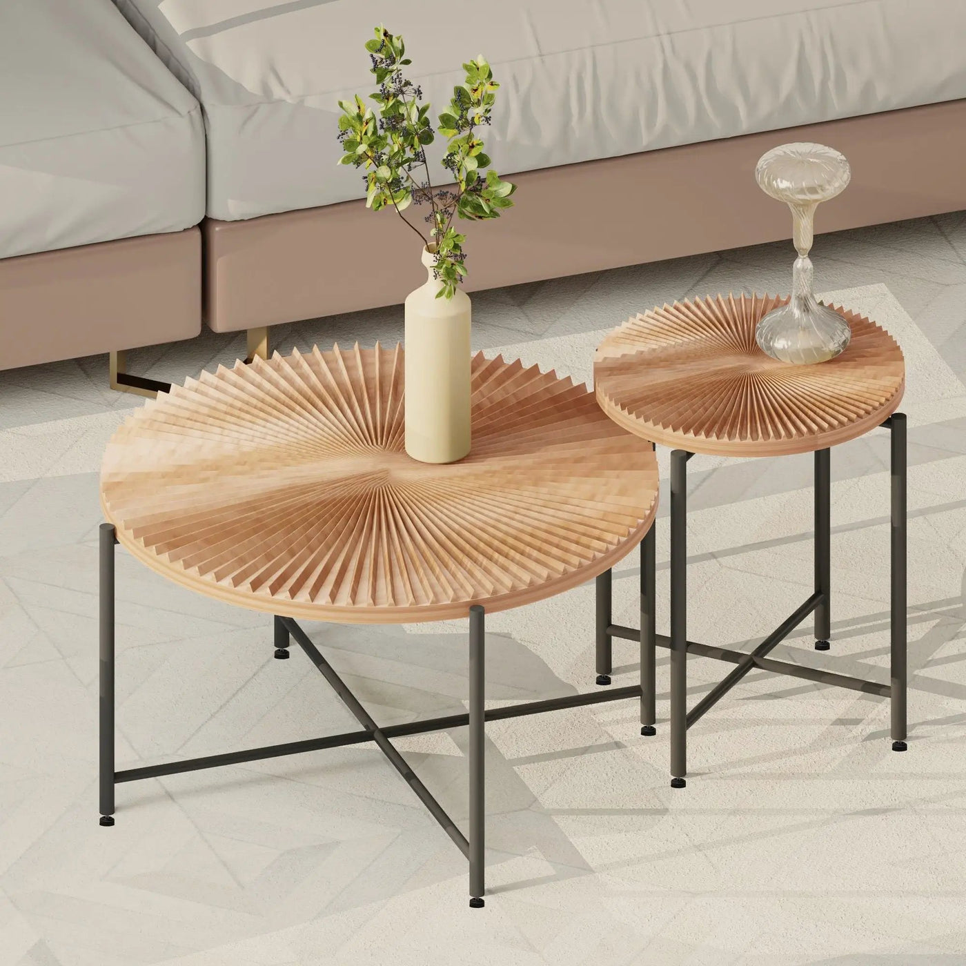 Radial - Pattern Coffee And End Table Set Waterproof Cover, Distressed Cylindrical Design (Set of 2) by Unique Piece Furniture