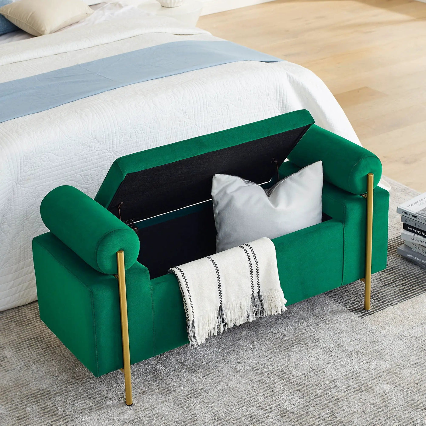 Elegant Upholstered Storage Bench With Cylindrical Arms And Iron Legs, by Unique Piece Furniture