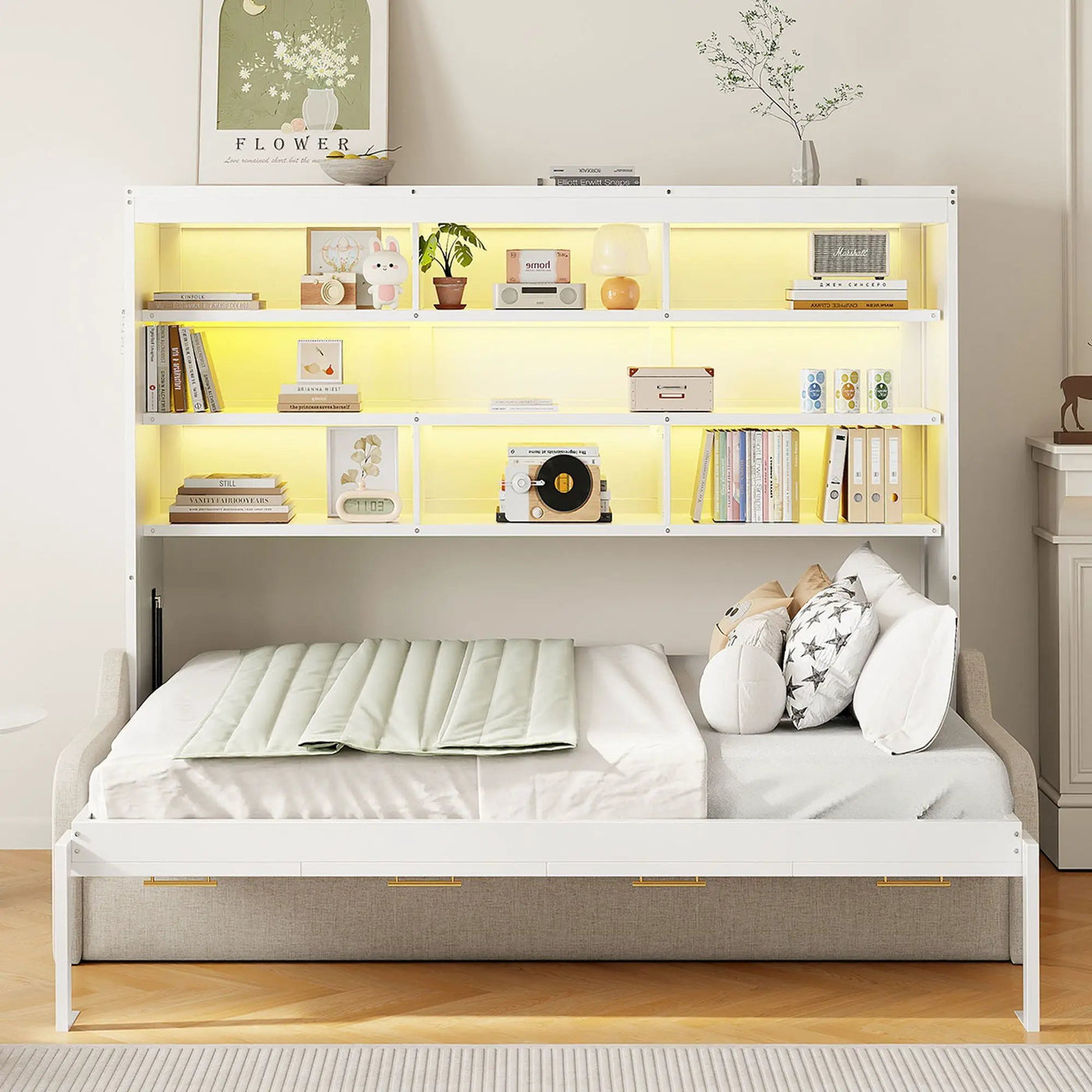 Murphy Cabinet Bed With Folding Sofa, Built In Storage Shelves And LED Light by HouseOfZazla