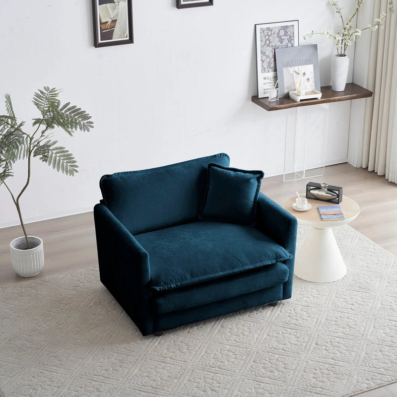 Comfy Deep Single Seat Sofa Upholstered Reading Armchair in Blue Chenille Fabric by HouseOfZazla