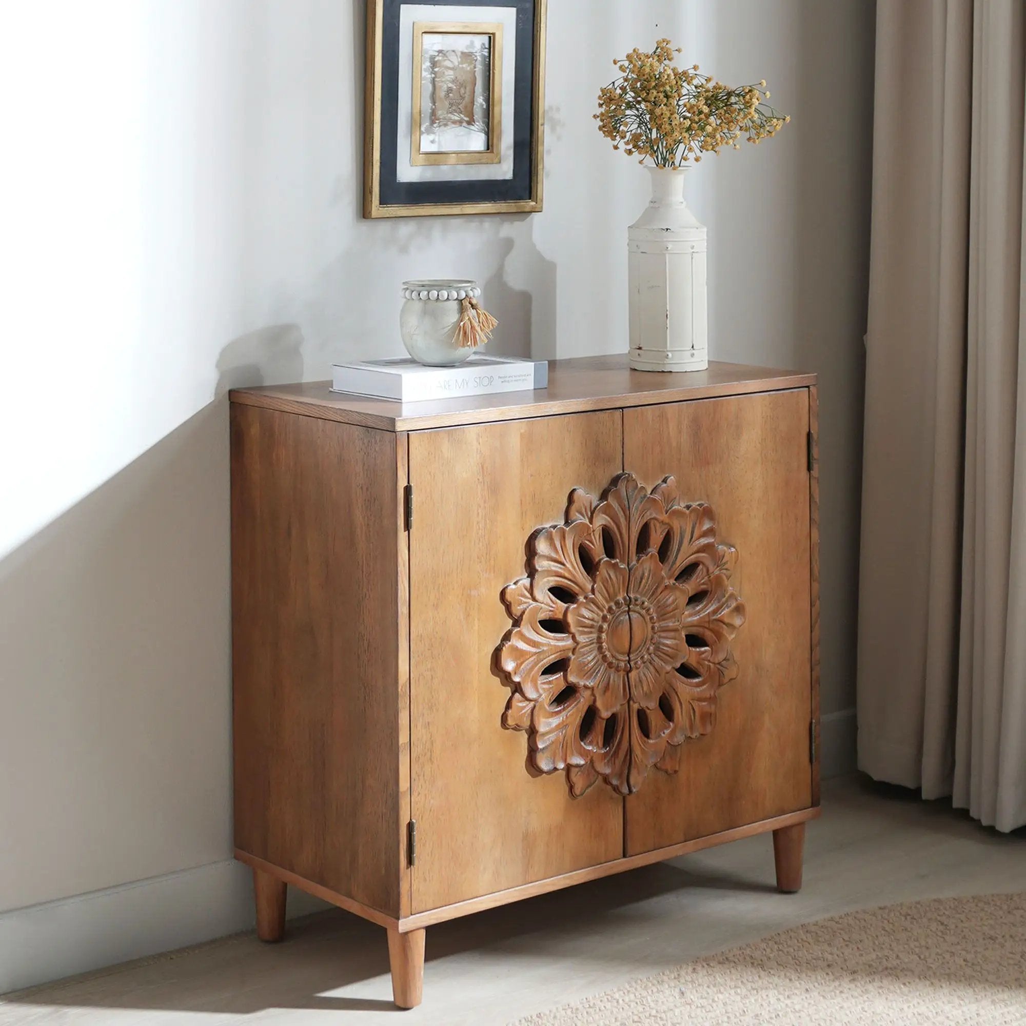 2 Door Accent Storage Cabinet With Floral Design, Sideboard For Living Room - Dark Brown by Unique Piece Furniture