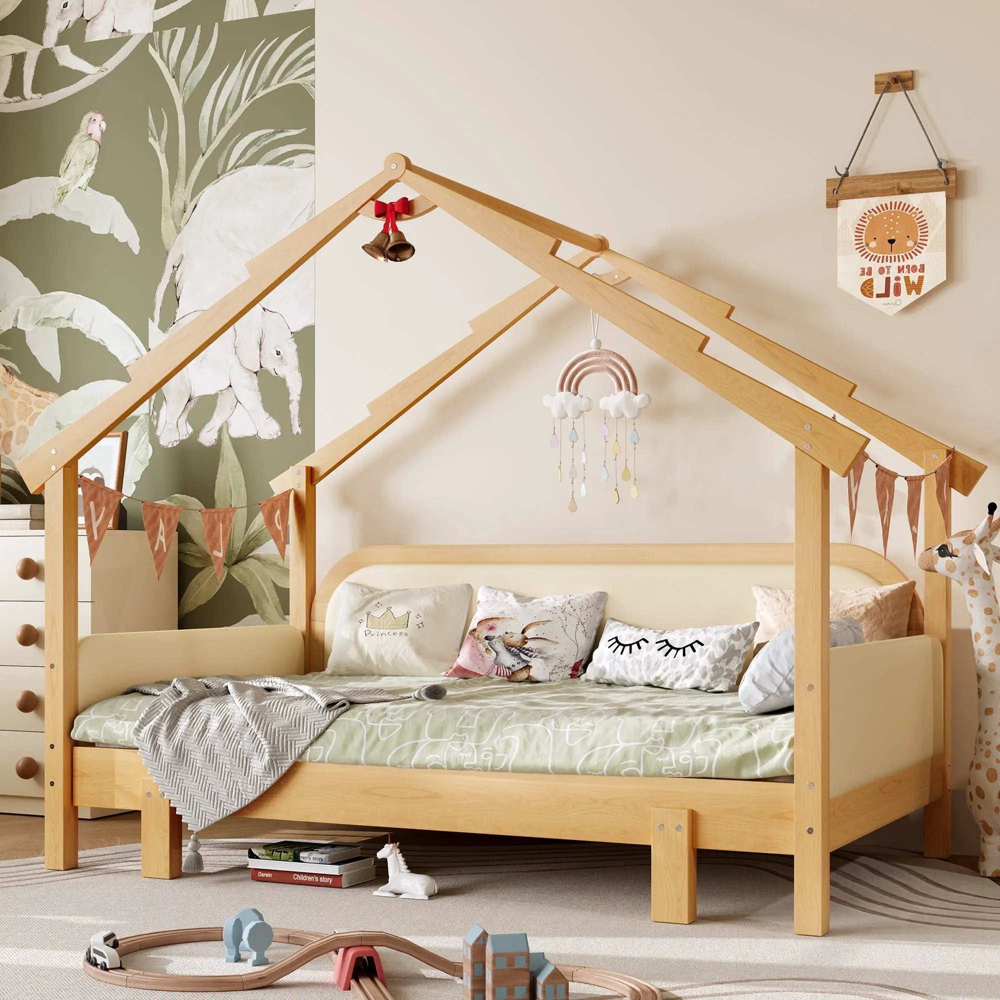 Twin Size Wood Treehouse Bed with Soft Cushion Rails by HouseOfZazla